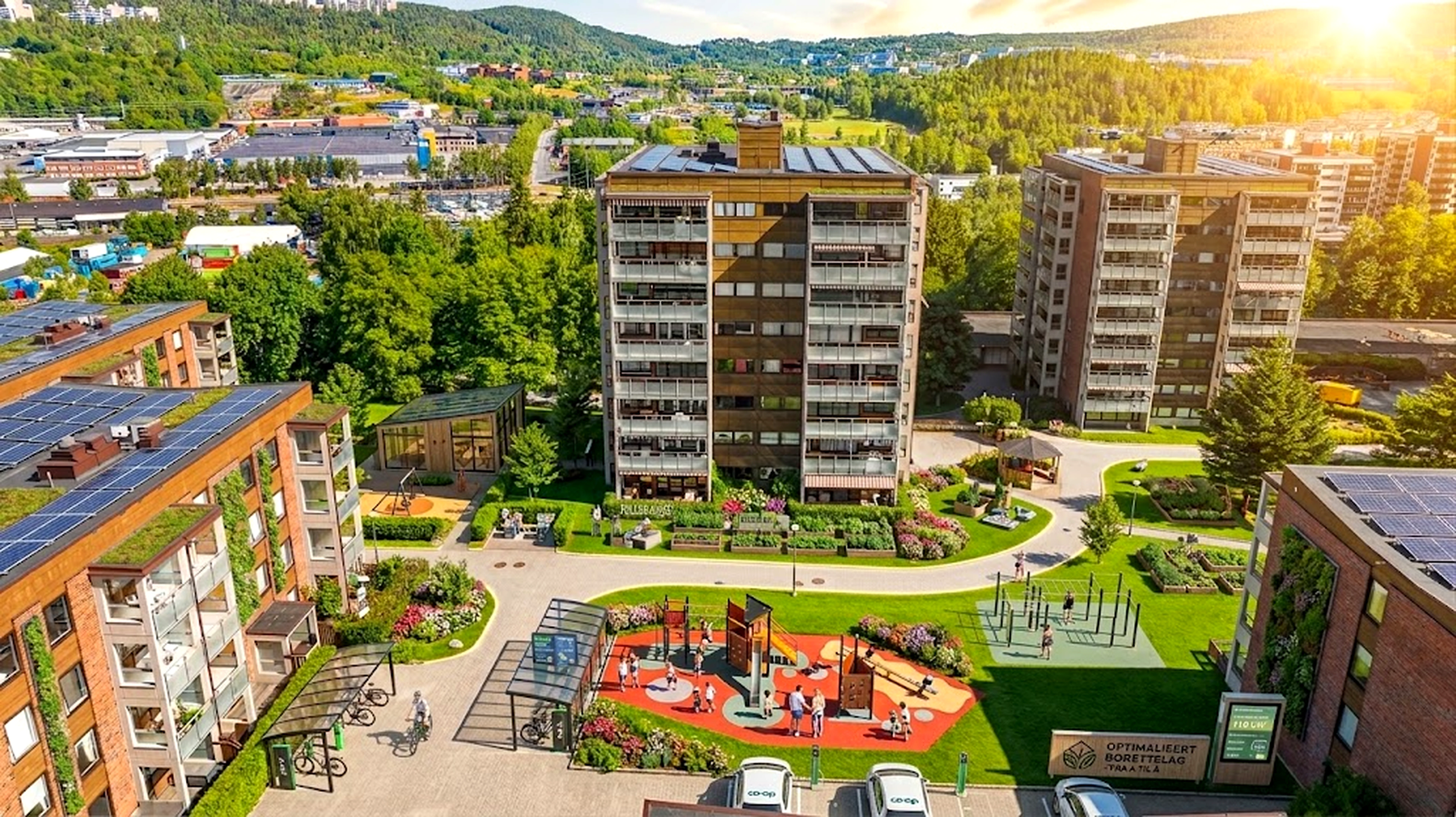Illustrasjon av oppgradert borettslag med solceller, felles utearealer og sollys